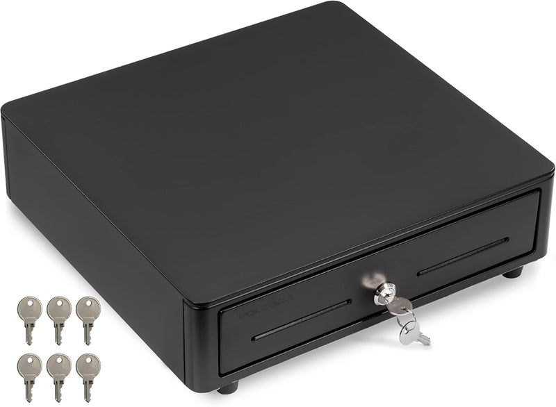 Volcora Cash Register Drawer for (POS) Point of Sale System with Round Corner 13", Removable Coin Tray, 4 Bill/5 Coin, 12-24V, RJ11/RJ12 Key-Lock, Media Slot,Cash Till for Businesses, Black - Image 1